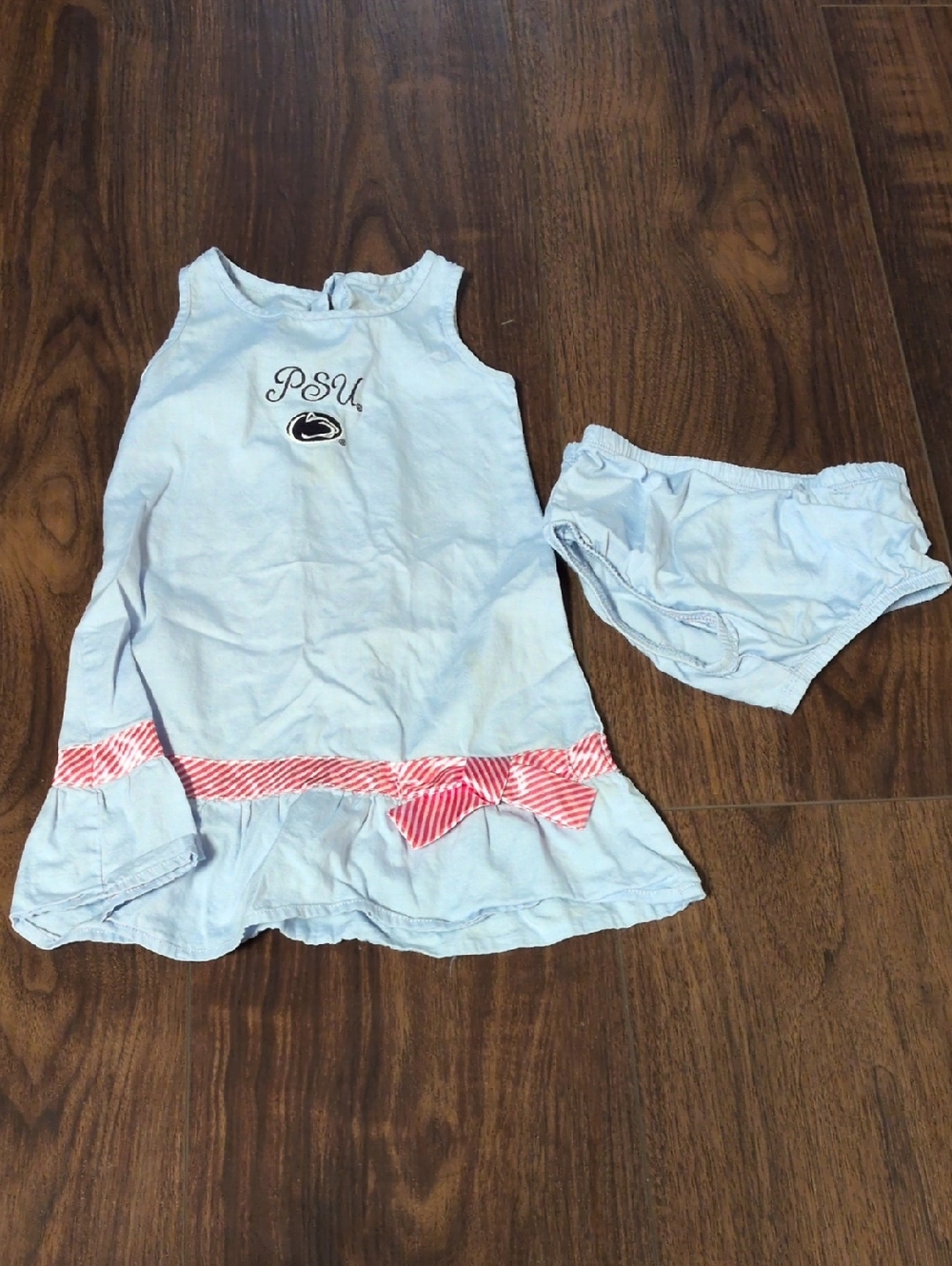 Light Blue Infant Dress Set with Red Stripe Bow and PSU Logo